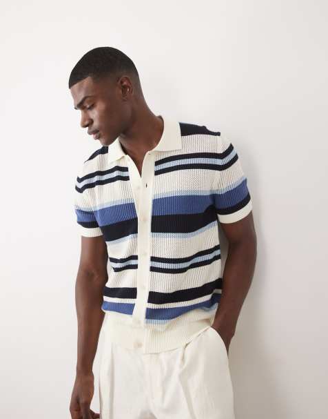 GANT striped button through textured polo in blue - view 1