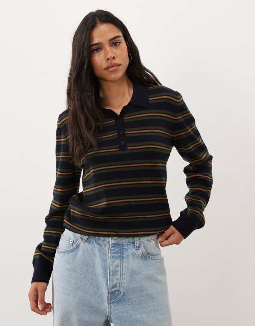 GANT striped  knit rugby cardigan in dark blue, 3 of 4
