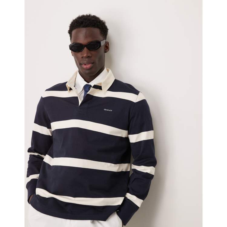 GANT striped logo rugby shirt in navy ASOS