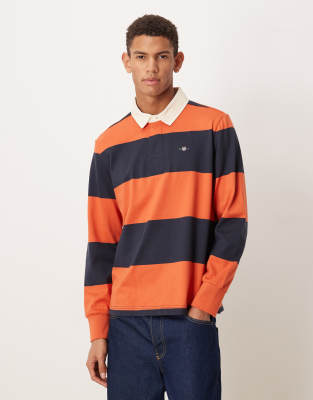 Gant GANT striped rugby polo in navy and orange stripe