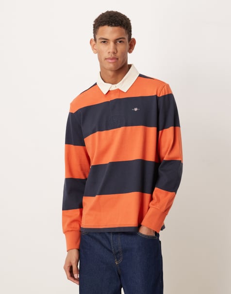 GANT striped rugby polo in navy and orange stripe - view 1