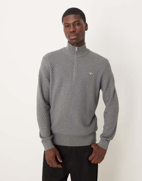 GANT – strukturierter Strickpullover in Dunkelgrau mit Shield-Logo und kurzem Reißverschluss - view 1