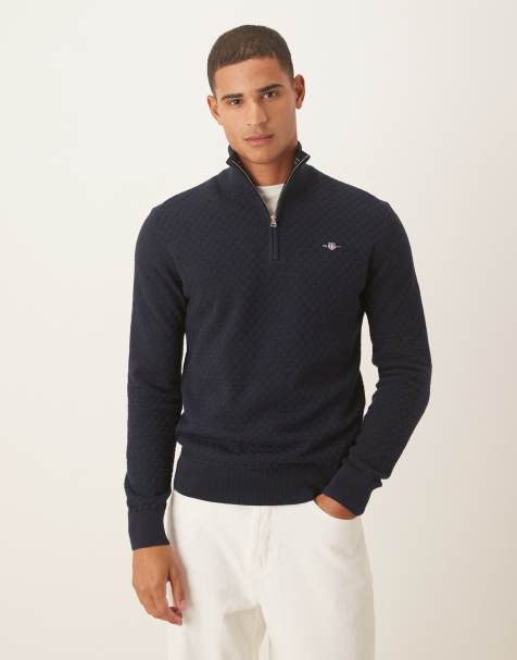 GANT – Strukturierter Strickpullover in Marineblau mit Schild-Logo und kurzem Reißverschluss - view 1