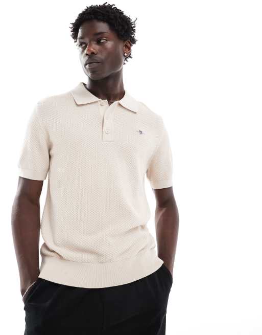 GANT – Strukturiertes Polohemd in Beige aus Baumwollstrick mit aufgesticktem Schild-Logo