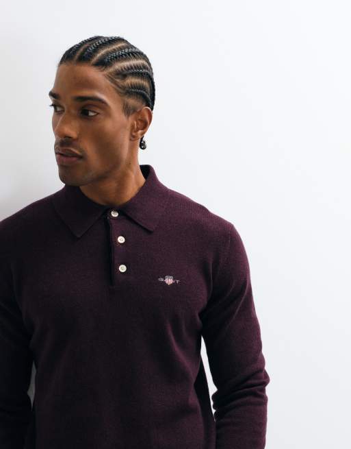 GANT superfine lambswool polo in plum, 2 of 5