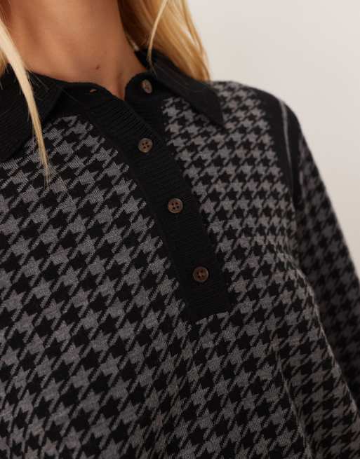 GANT – Svart, stickad pikétröja i hundtandsmönstrad jacquard, 2 av 4