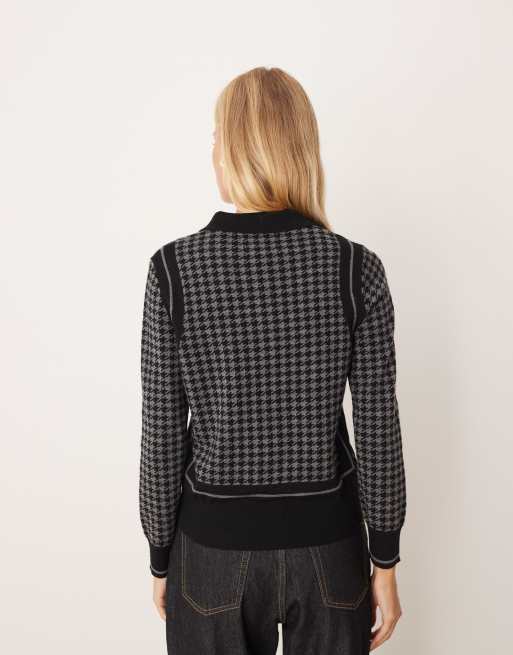 GANT – Svart, stickad pikétröja i hundtandsmönstrad jacquard, 3 av 4