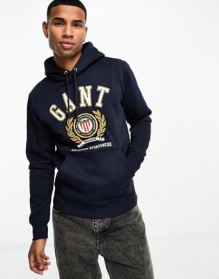 GANT crest logo embroidery relaxed fit hoodie in navy - ASOS Price Checker
