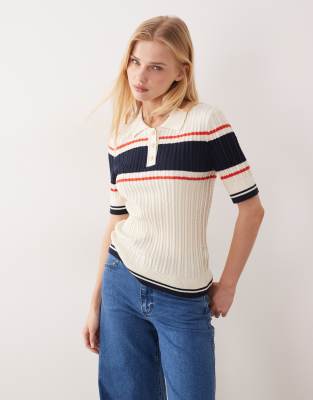 Gant - Sweat boutonné à col polo et rayures - Crème-Neutre