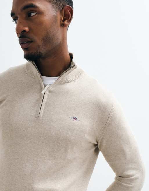 GANT sweat-shirt classique en coton à demi-zip beige, 2 de 5