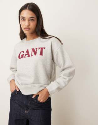 GANT - Sweatshirt in Grau mit Motiv-Logo und Rundhalsausschnitt-Weiß
