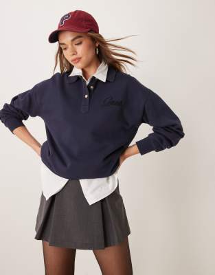 Thumbnail - GANT - Sweatshirt in Marineblau mit Tartanmuster-Polokragen