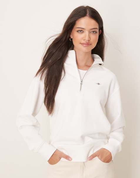 GANT – Sweatshirt in Weiß mit Schild-Logo und halblangem Reißverschluss - view 1