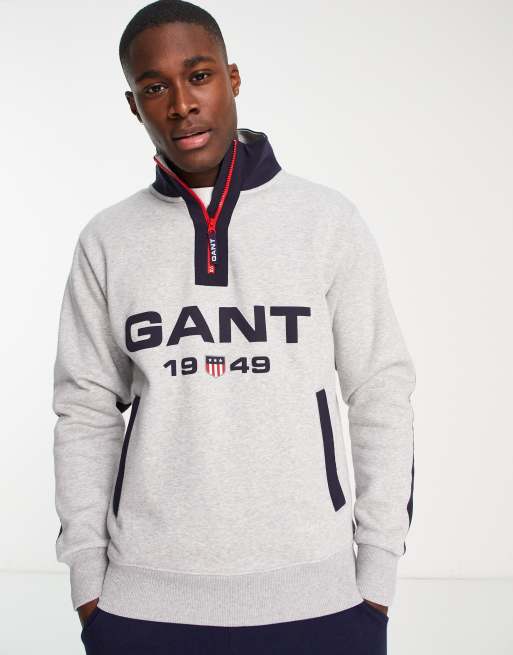 GANT – Szara melanżowa bluza dresowa z zamkiem pod szyją i logo retro