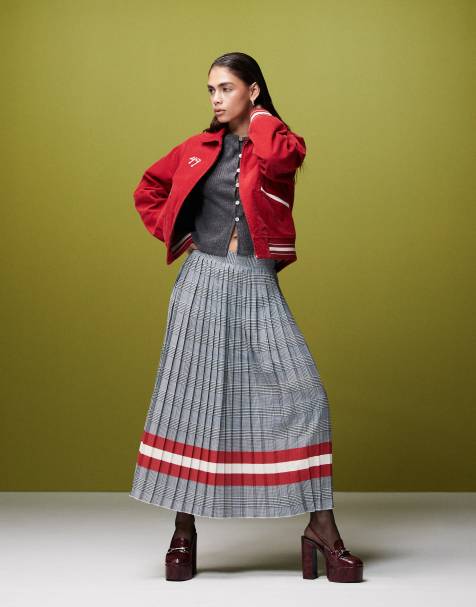 GANT pleated check midi skirt with stripe detail in grey