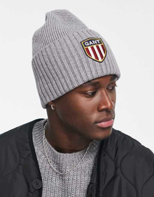 GANT – Szara wełniana czapka beanie z dużym logo w kształcie tarczy