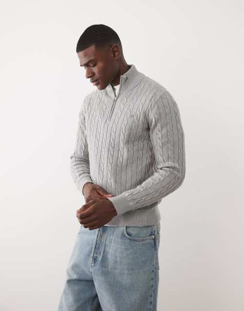 Gant – Szary sweter z dzianiny o warkoczowym splocie, z zamkiem pod szyją - view 1