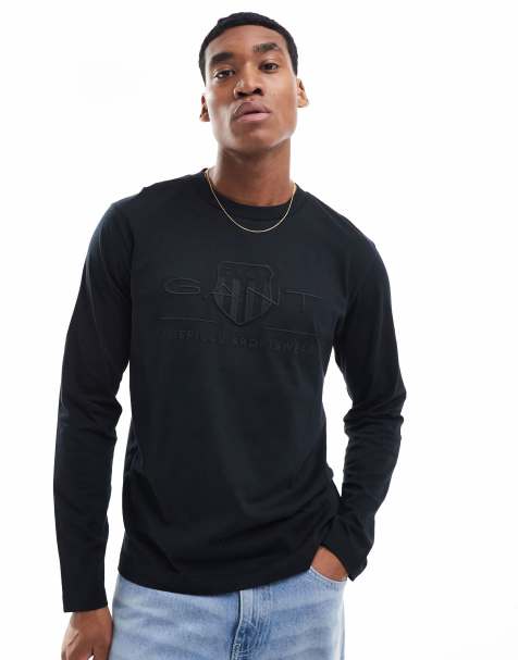 GANT - T-shirt à manches longues et logo écusson ton sur ton en relief - Noir - view 1