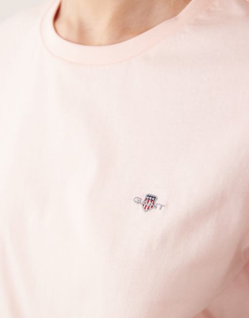 GANT - T-shirt aderente rosa albicocca con logo vintage sul petto, 4 di 4