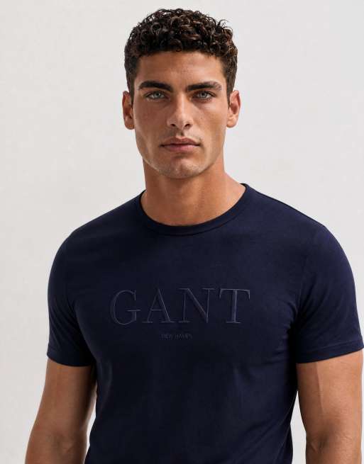 GANT t-shirt bleu marine avec logo script ton sur ton sur la poitrine, 8 de 10
