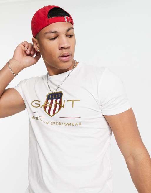 GANT - T-shirt con logo con stemma grande, colore bianco