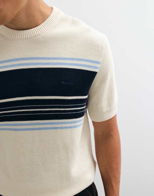 GANT - T-shirt côtelé en coton à rayures avec col ras de cou et manches courtes - Crème, 2 de 5