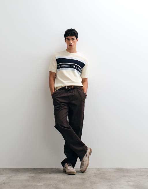 GANT - T-shirt côtelé en coton à rayures avec col ras de cou et manches courtes - Crème, 4 de 5