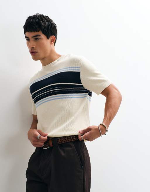 GANT - T-shirt côtelé en coton à rayures avec col ras de cou et manches courtes - Crème, 5 de 5