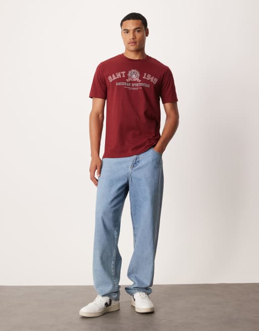 GANT – T-Shirt im Vintage-Stil in Dunkelrot mit College-Logo, 2 von 5
