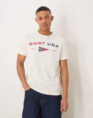 T-Shirt in Cremeweiß mit „USA"-Flaggen-Logoprint Weiß 56