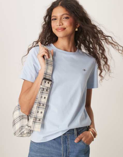 GANT – T-Shirt in Hellblau mit normalem Schnitt und Wappen-Logo - view 1