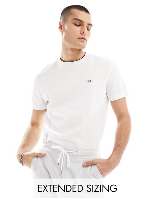 GANT - T-shirt in piqué bianca con bordi a contrasto e logo a scudo