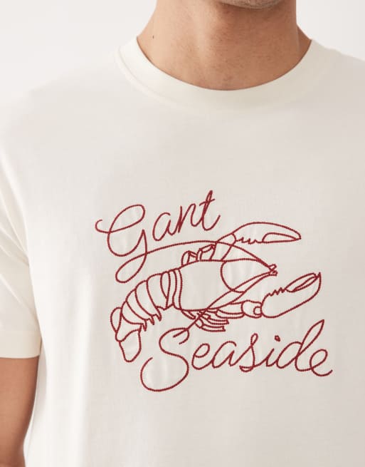 GANT - T-shirt met geborduurde kreeft van kettingsteek in crème, 2 van 5