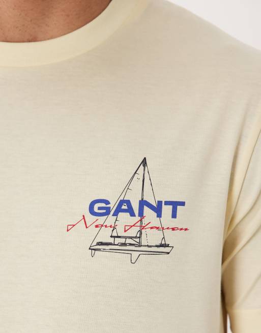 GANT - T-shirt met kustprint op de borst in lichtgeel, 4 van 5