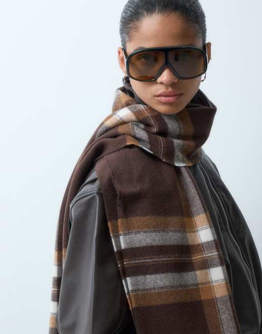 GANT tartan check wool scarf in brown, 2 of 3