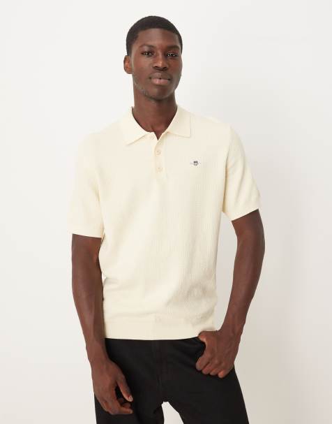 GANT textured cotton short sleeve polo shirt in cream - view 1