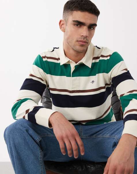 GANT - Top stile rugby color crema e blu navy a righe a contrasto con logo - view 1