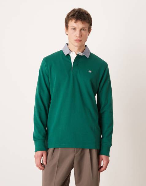 Gant - Top stile rugby pesante verde bosco con logo e colletto a contrasto - view 1