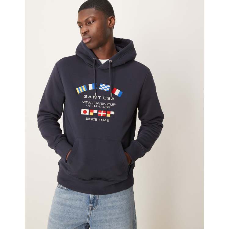 GANT USA Felpa con cappuccio blu navy con logo e bandiere ASOS