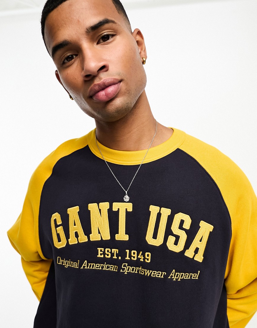 GANT USA logo oversized fit baseball raglan sweatshirt in navy/yellow