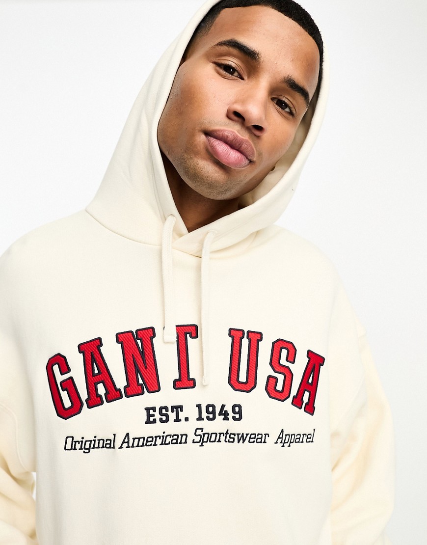 GANT USA logo relaxed fit fleece hoodie in cream-White