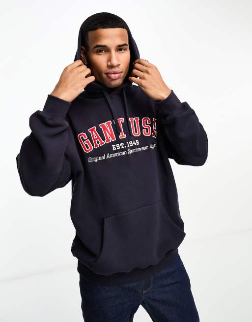 GANT USA logo relaxed fit fleece hoodie in navy | ASOS