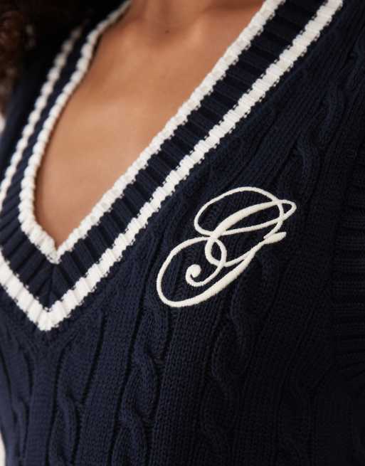GANT varsity g logo cotton cable knit singlet in navy, 2 of 4