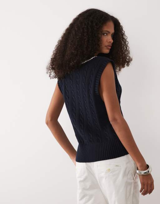 GANT varsity g logo cotton cable knit singlet in navy, 4 of 4
