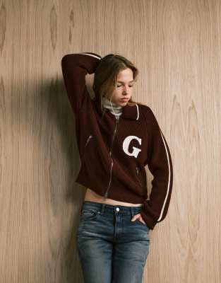 Gant GANT varsity g logo zip cardigan in plum-Red