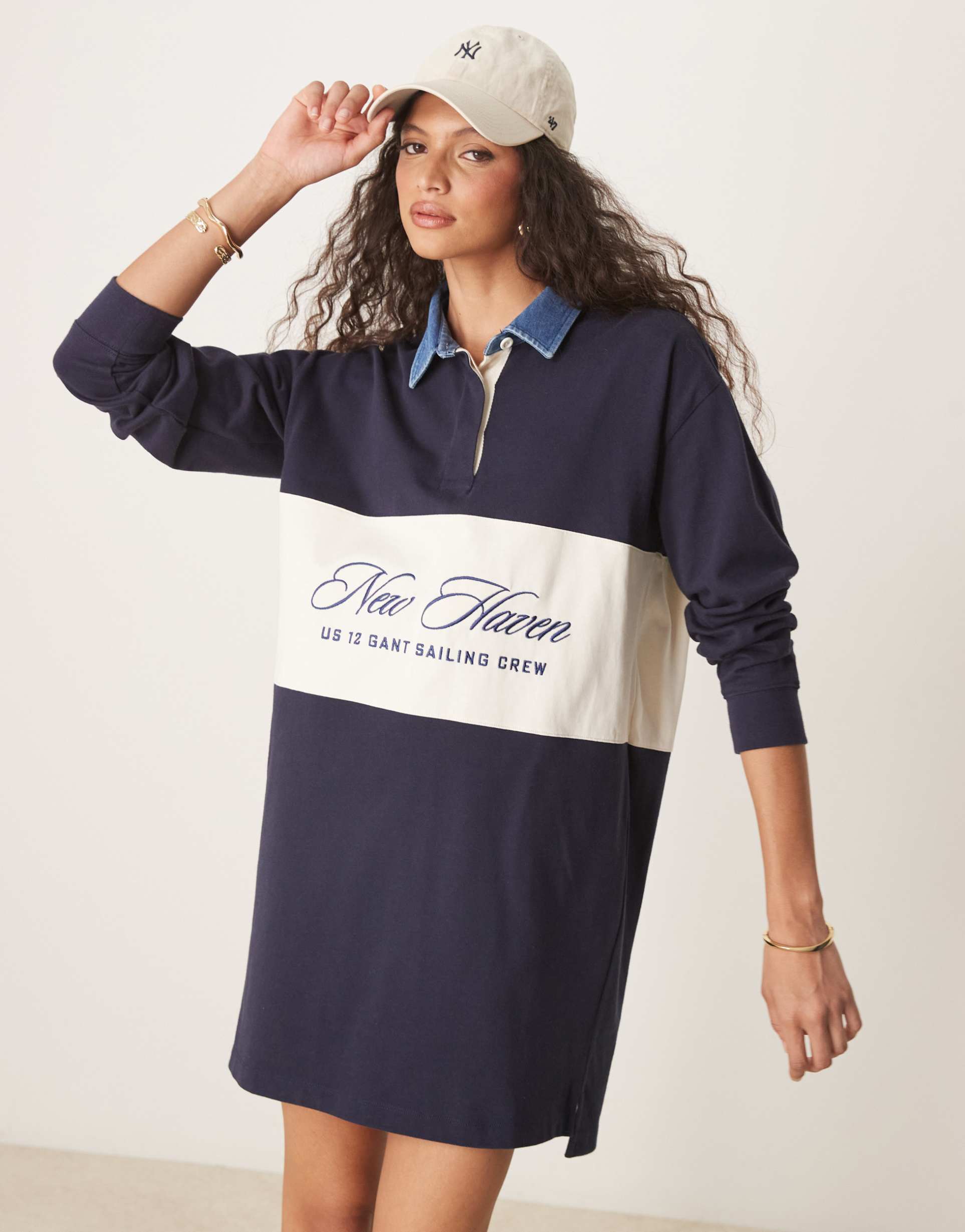 gant varsity logo color block sweater dress in navy
