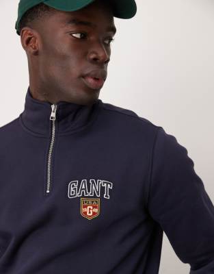 Gant GANT varsity logo half zip sweatshirt in navy