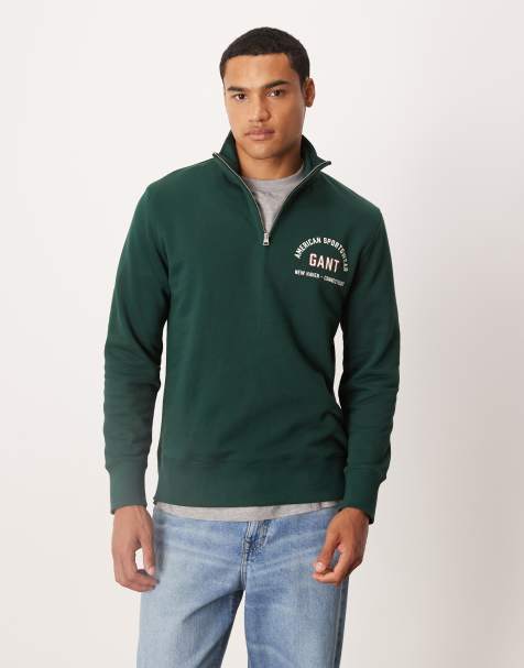 GANT varsity logo print half zip sweatshirt in dark green - view 1