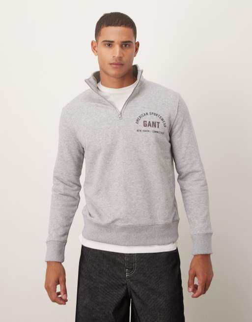 GANT varsity logo print half zip sweatshirt in gray