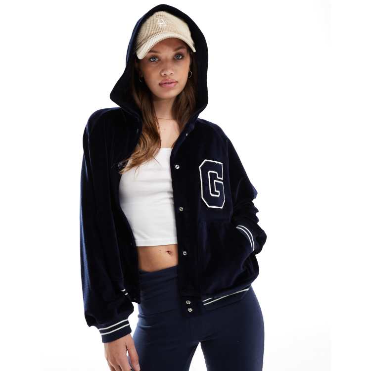 GANT velour hooded bomber jacket with varsity logo in navy ASOS